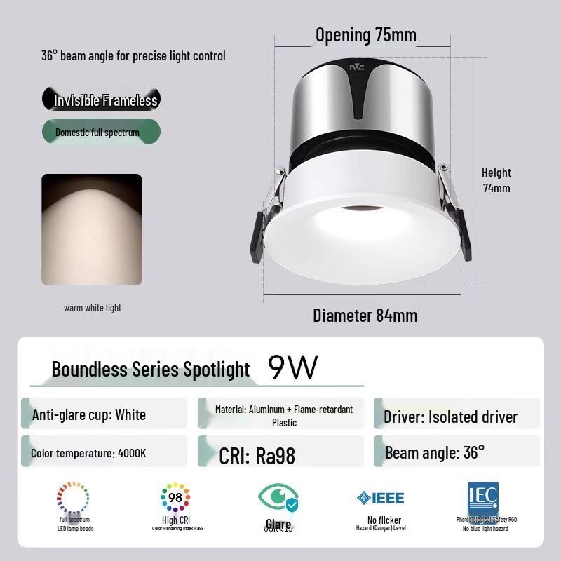 Безрамочный светодиодный спот NVC Lighting - Антибликовый, Полный спектр, Настенный омыватель, Встраиваемый для гостиной