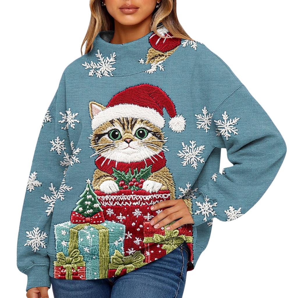Ladies' Fashionable Christmas Printed Long Sleeved High Neck Sweatshirt Top