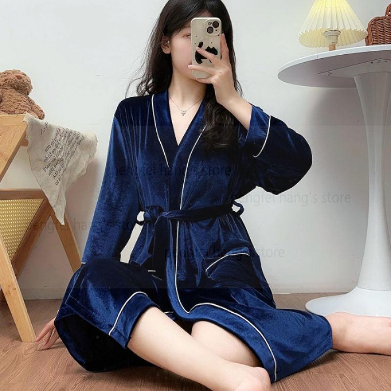 Халат бархатная ночная рубашка женская домашняя одежда с карманами осенне-зимний жилет с длинным рукавом кимоно халат платье