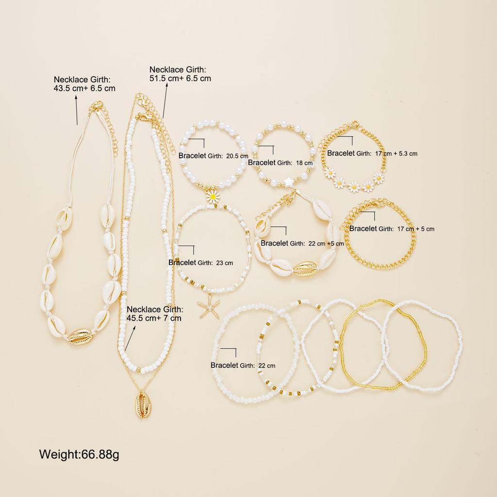 17KM Fashion Minimalist Bohemian Rice Bead Shell Starfish Multi-layered Anklet Necklace Star Daisy Bracelet Jewelry Set for Women