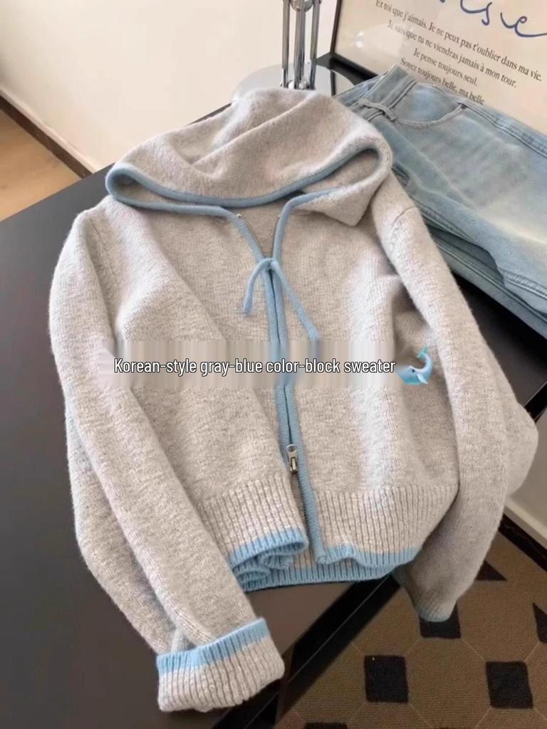 Женский вязаный кардиган с капюшоном - 2025 Осень/Зима Colorblock на молнии Повседневный свитер
