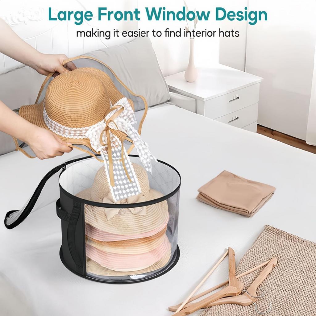 Hat Storage Bucket, Clothing Hat Travel Organizer, Foldable Round Brim Hat Storage Bag with Handle and Clear Window