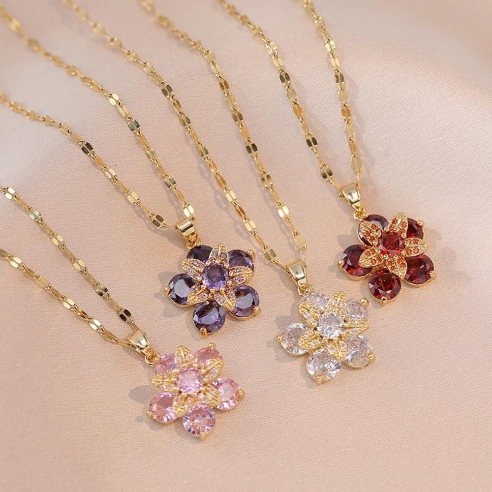Crystal Zircon Pendant Necklace Shiny Petal Gold Necklace Rotatable Flowers Choker Date Night