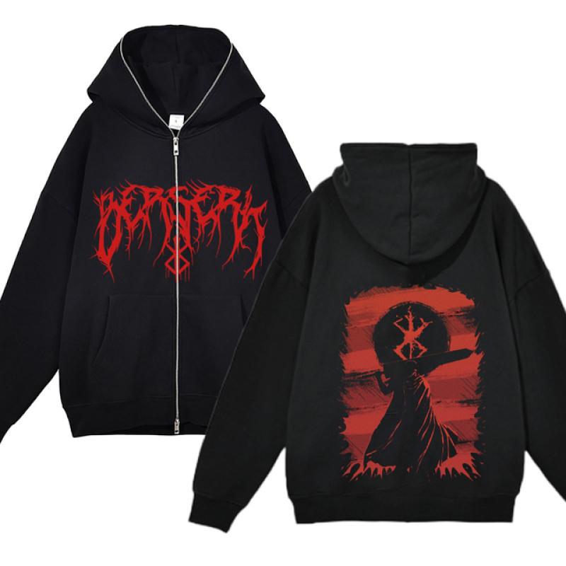 Berserk Sweatshirt Full Zip Jackets Y2k Hoodies Casual Sweatshirts Anime Print Coat Autumn Fleece Clothing Guts Hooded for Men