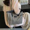 Zipper Stripe Canvas Tote Bag Korean Style Shopping Handbag Retro Shoulder Bag  Travel
