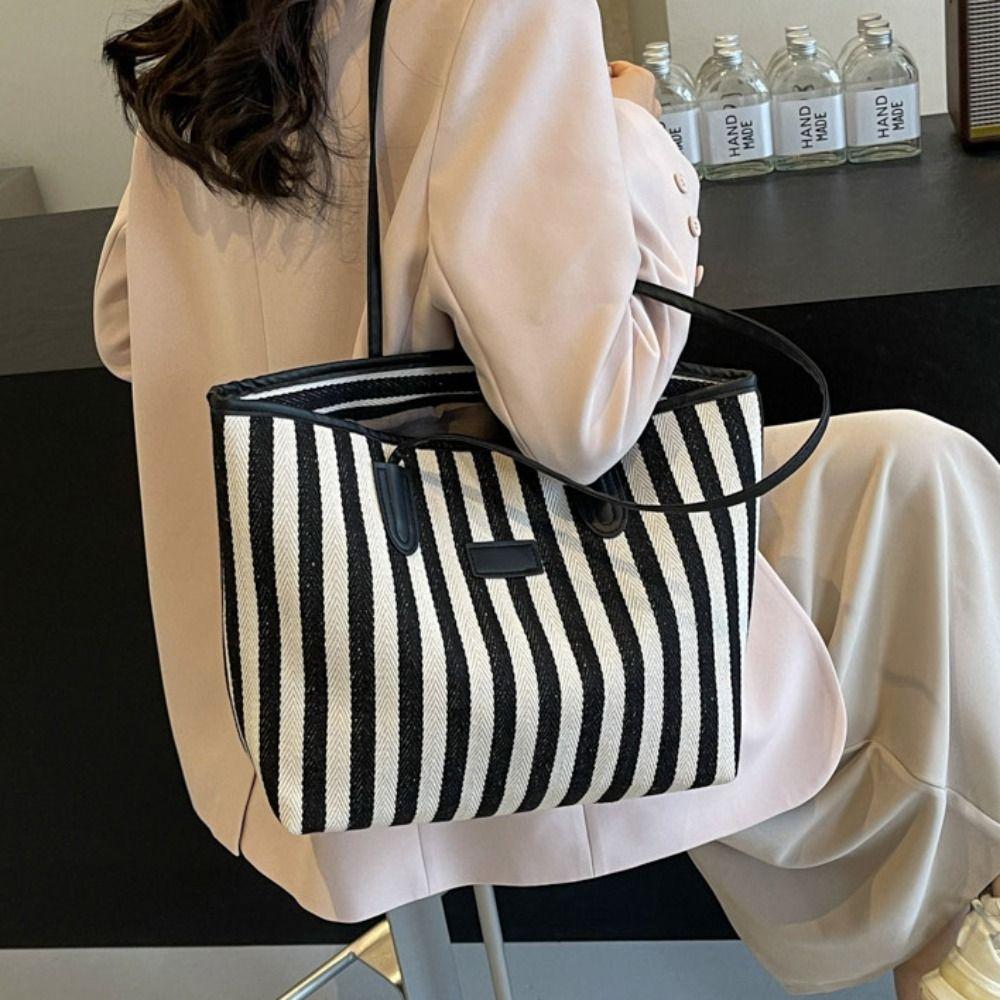 Zipper Shoulder Bag Korean Style Shopping Handbag Casual Stripe Canvas Tote Bag  Girls