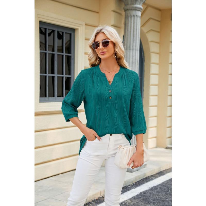 Spring and Summer Women's T-shirt Solid Color V-neck Loose Button Mid-sleeve T-shirt Top