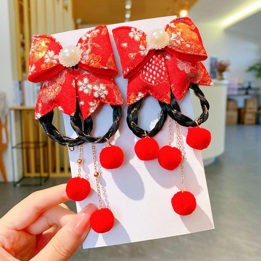 2 шт. кисточка новогодний головной убор китайский стиль красный парик коса шпилька детская заколка для волос