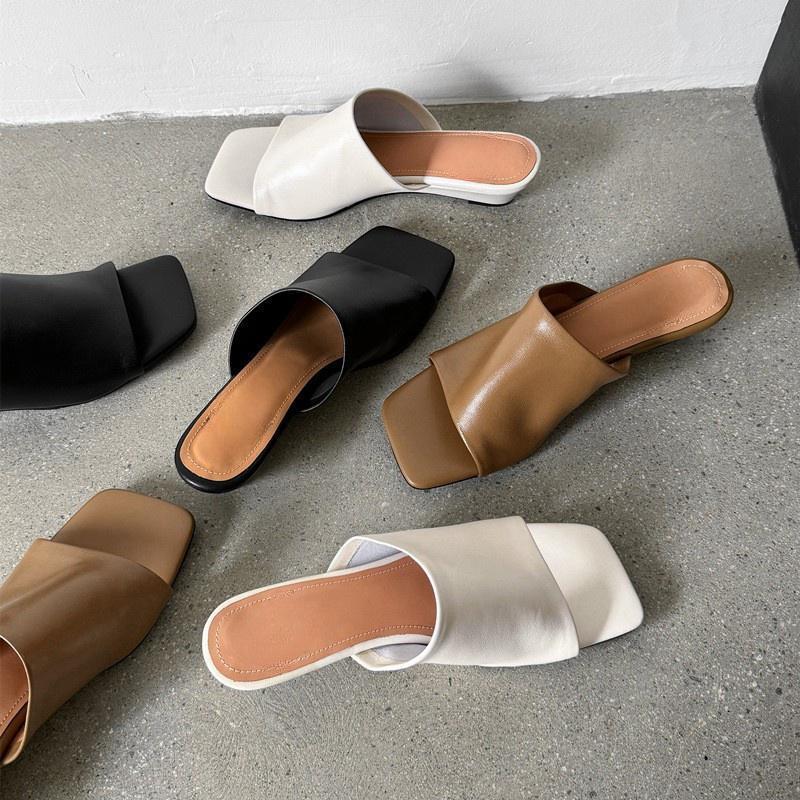 Тапочки с открытым носком и покатым каблуком, женские, 24, летние, толстый каблук, мягкая квадратная головка, модная одежда, простые, односложные тапочки