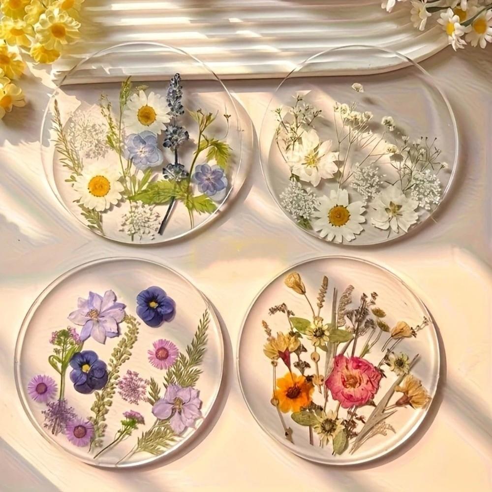 Round Floral Print Coasters Transparent Cup Mat Durable Insulation Pad  Tea Table
