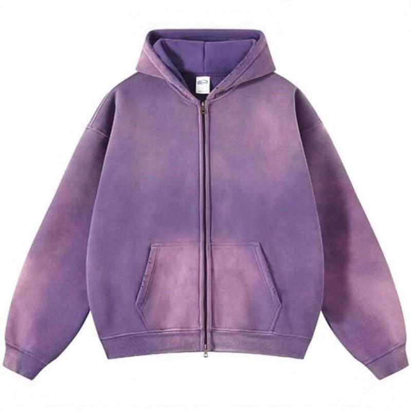 Mens Oversized Hooded Sweatshirt With Distressed Wash Print Heavyweight 400g Cotton Blend Zipper Front Casual Streetwear