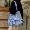 Sweet Canvas Plaid Bag College Style Cute Ruched Handbag Casual Ruffle Shoulder Bag  Travel