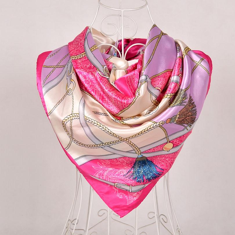 [BYSIFA] New Blue Pure Silk Satin Scarf Shawl Women Brand Floral Design Large Square Scarves Elegant Muslim Ladies Head Scarf
