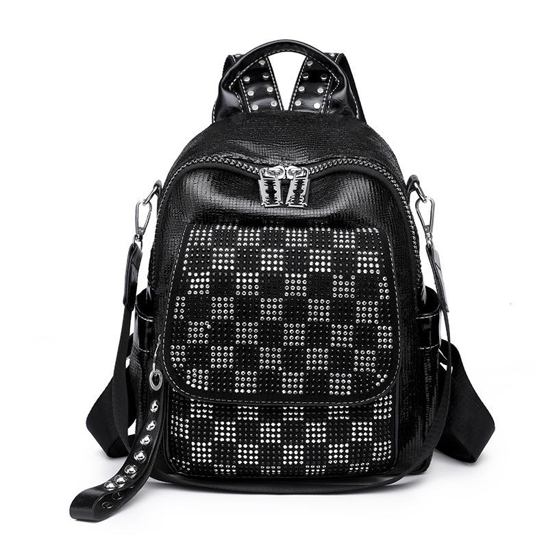 Women's Backpack Chessboard Rhinestone Bag Outdoor Leather Backpack