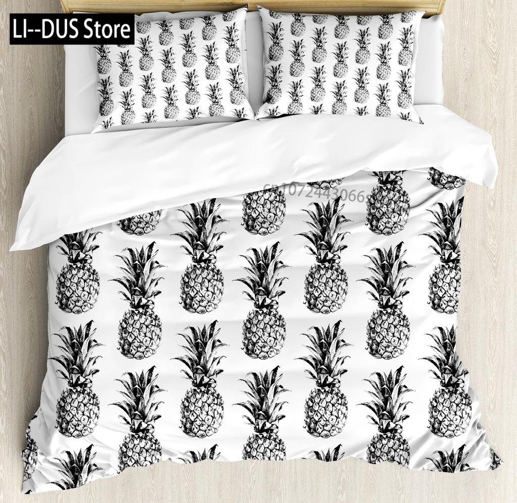 Pineapple Duvet Cover Set Tropical Theme Vintage Style Fruit Pattern Decor 3 Piece Bedding Set with 2 Pillow Shams Full Size