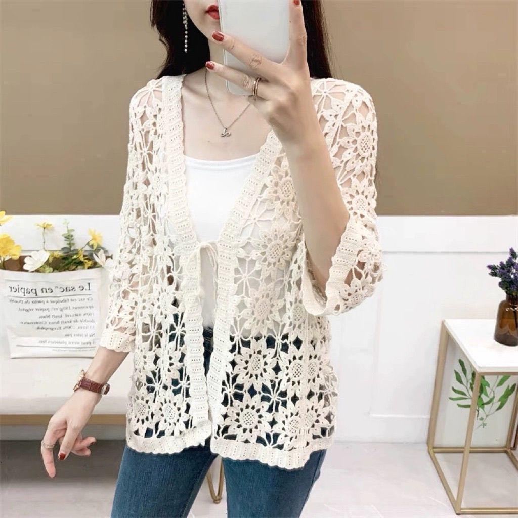 Женская трикотажная куртка с вырезами, хлопковый свободный кардиган, летняя солнцезащитная кружевная блузка с открытым передом
