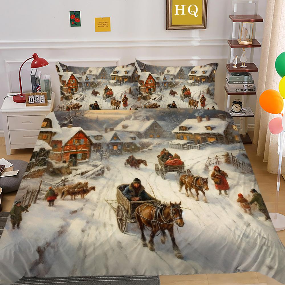 Рождественская карета, снежная сцена, 3D-принт, полиэстеровая наволочка, пододеяльник, набор из двух или трех предметов, можно