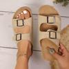 Fashion Double Buckle Flat Slippers Women 2025 Summer Suede Platform Sandals Woman Outdoor Cork Footbed Non Slip Sandal Plus Size 43