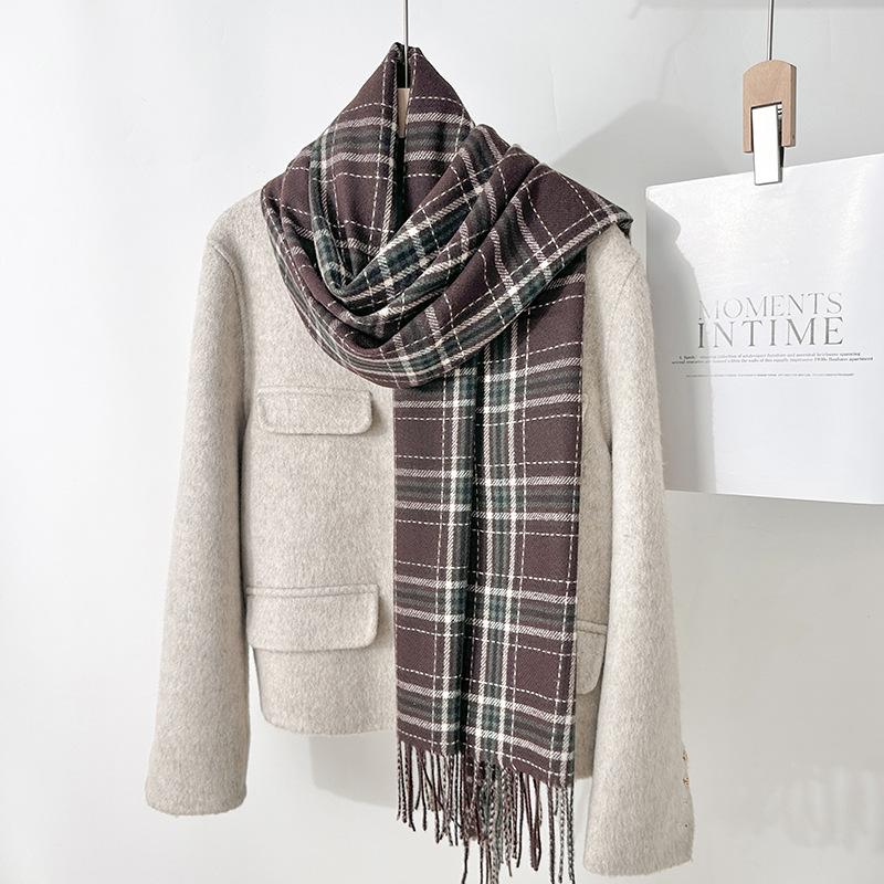 Lazy wind small fresh fashion autumn and winter fringed plaid warm scarf simple temperament imitation cashmere shawl