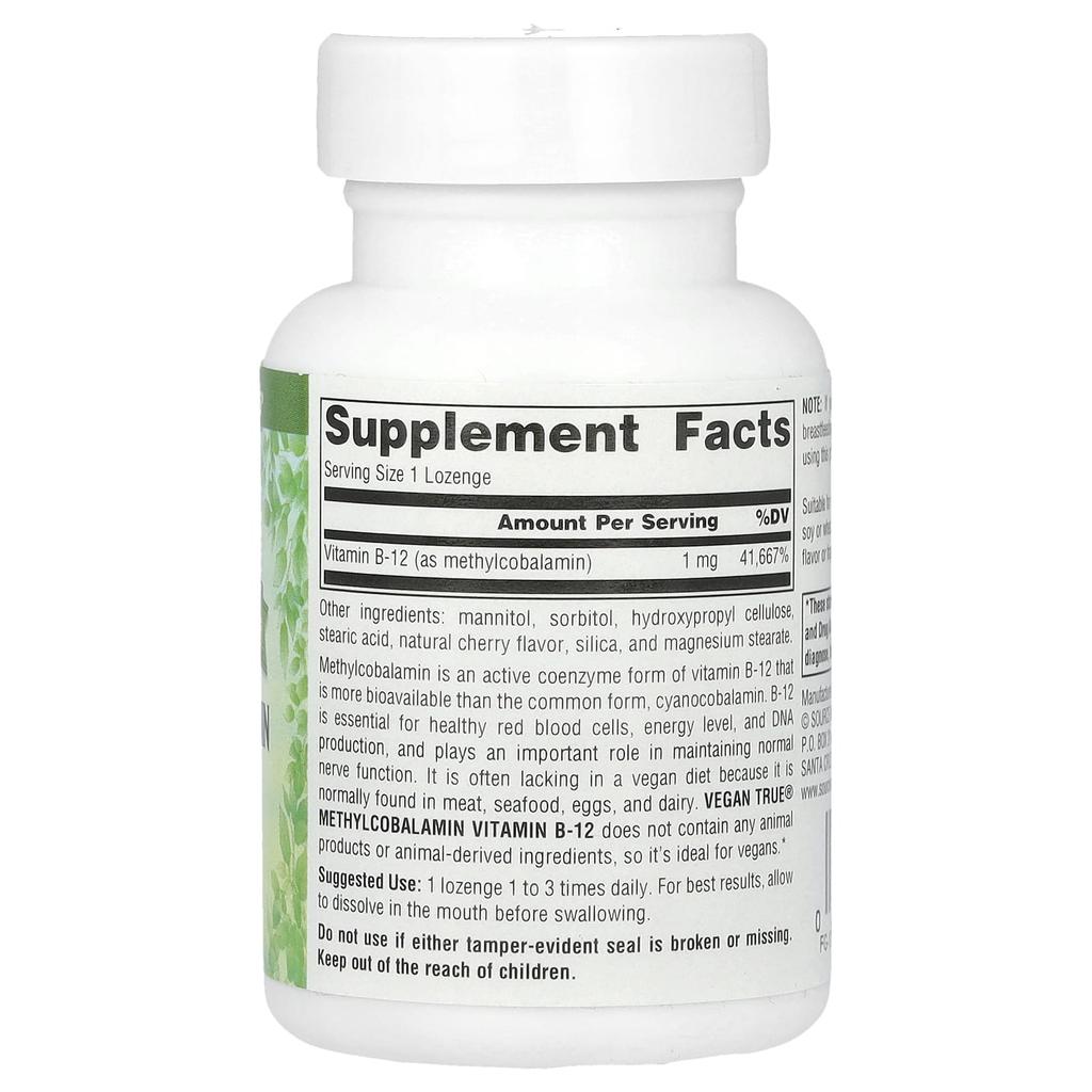 Vegan True, Methylcobalamin Vitamin B-12, Cherry Flavor, 1Mg, 60 Lozenges