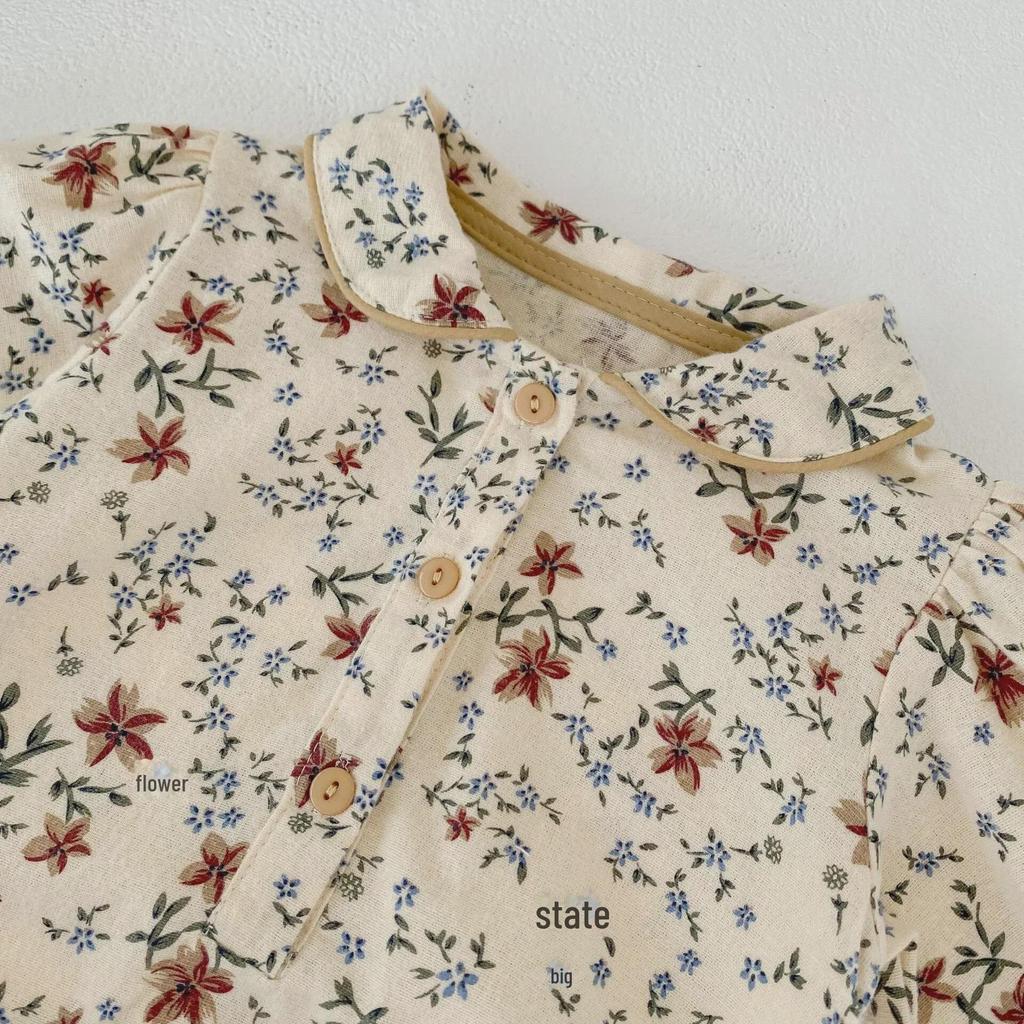 Осень 2024 г. Хлопковый комбинезон для девочек: Принтованный, с отворотом, рукава-фонарики, длинный рукав, свободный крой, треугольный дизайн для ползания.