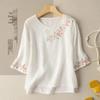 Women's Cotton-Linen Embroidered T-Shirt: Autumn 2024 Loose Fit, Belly-Covering, Slim Round Neck, 3/4 Sleeves