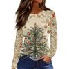 Women's Fashion Casual Slit Hem Round Neck Long Sleeve Loose Christmas Printed T-Shirt Ladies Top