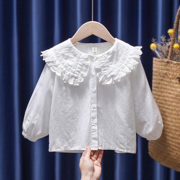 Рубашка с длинными рукавами для маленьких девочек, топ с цветочной вышивкой и лацканами, детская одежда