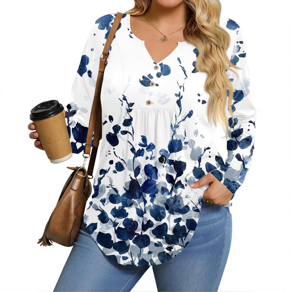 Womens Plus Size Long Sleeve Shirts V Neck Tunic Tops Basic Loose Fit Tee Tops