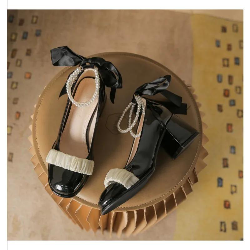 НОВЫЕ французские туфли Мэри Джейн, женские осенние модные туфли с бантом на высоком каблуке, жемчужные толстые каблуки, кожаные туфли с неглубоким носком, женские туфли