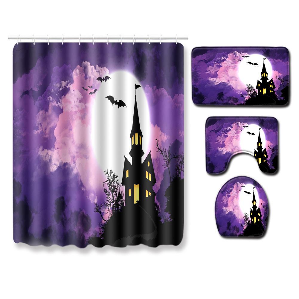 Halloween Series Bathroom Shower Curtain Floor Mat Toilet Cover Foot Mat Four-Piece Pattern Size