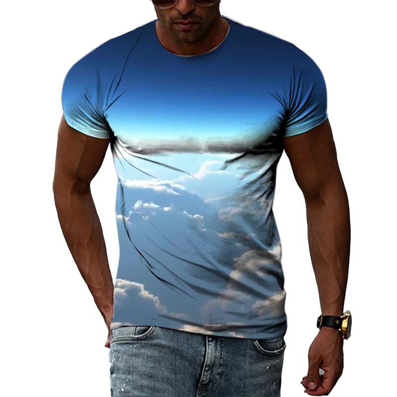 Летние мужские футболки с голубым небом и белыми облаками с 3D принтом, модные повседневные индивидуальные простые футболки с короткими рукавами и круглым вырезом, топы