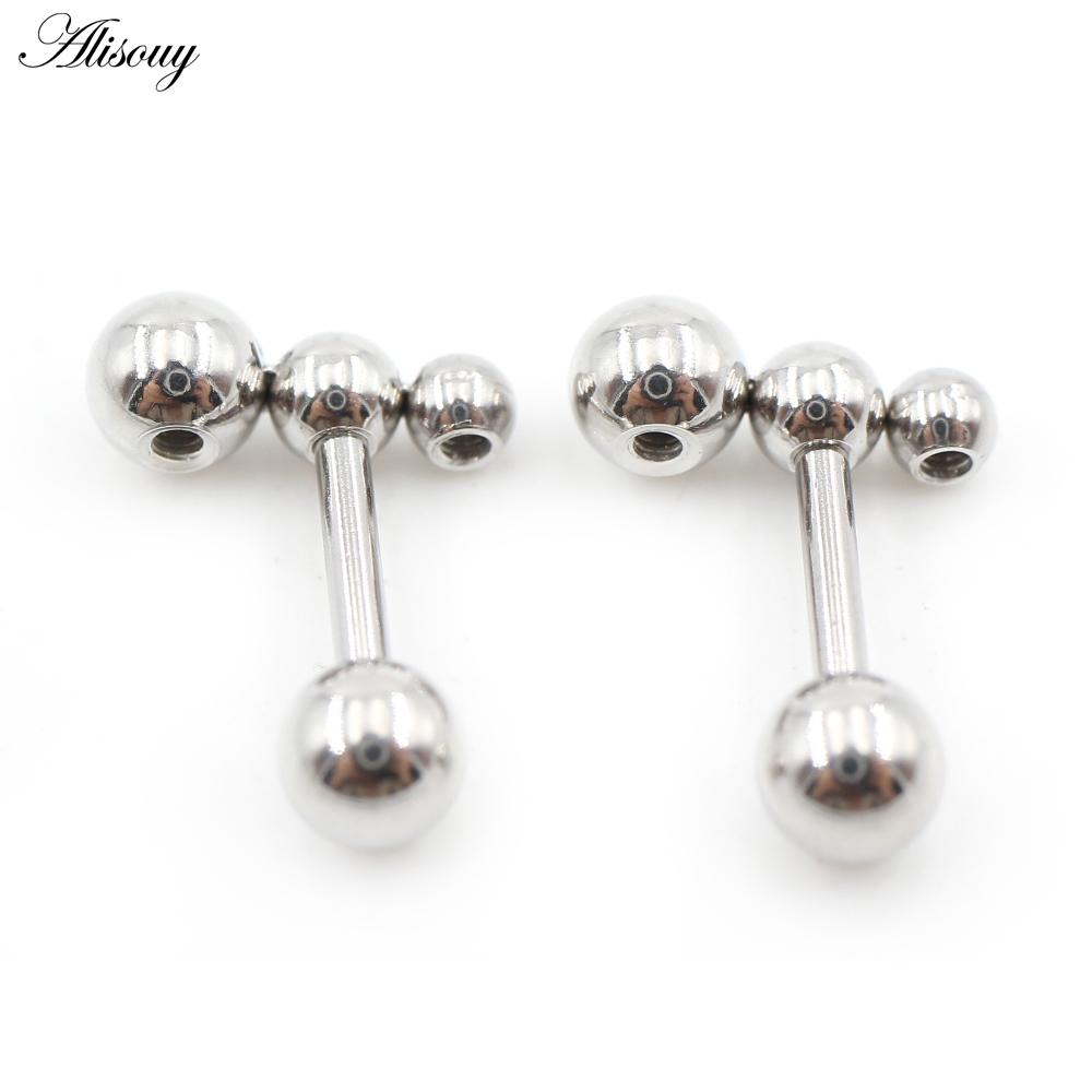 Alisouy 2PC нержавеющая сталь резьба три шарика фасоль женщины мужчины девушка серьги гвоздик хрящ винт серьги пирсинг ювелирные изделия