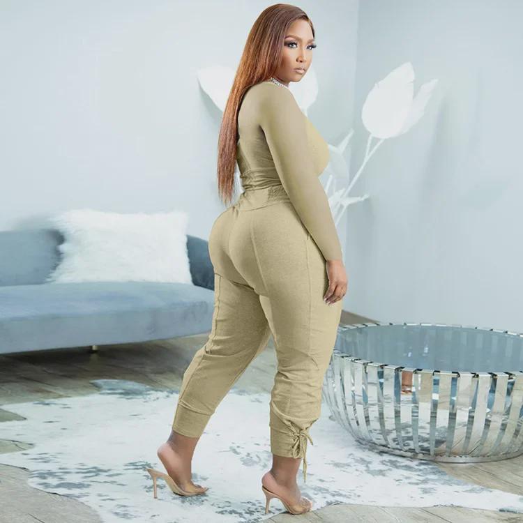 European & American Plus Size V-Neck Solid Color Casual Two-Piece Legging Suit for Women