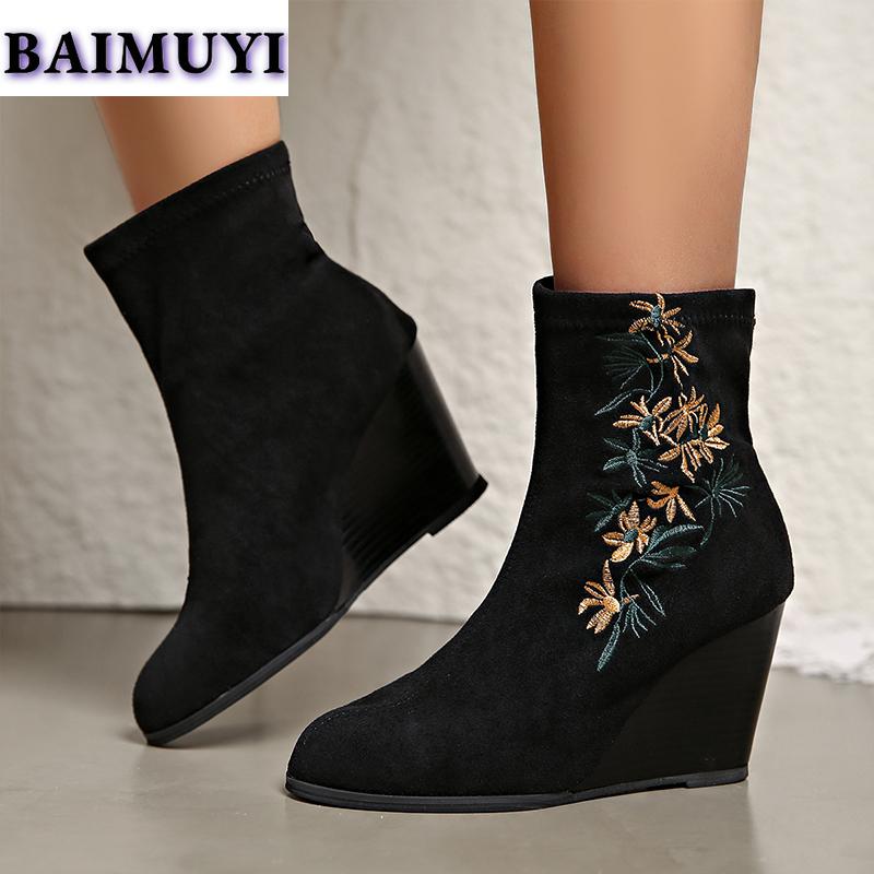 Женские замшевые ботинки на танкетке с принтом, зимние ботинки на высоком каблуке, тренд 2025 года, новые сексуальные ботинки «Челси», элегантные туфли-лодочки Mujer Botas