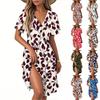 Women's Summer Fashion Leaf Print Dress Casual Beach A-line V-neck Loose Sundress