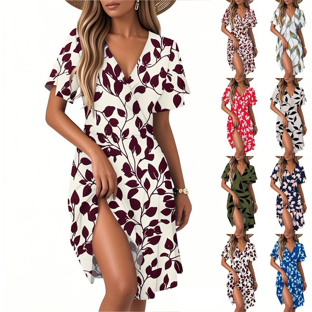 Women's Summer Fashion Leaf Print Dress Casual Beach A-line V-neck Loose Sundress