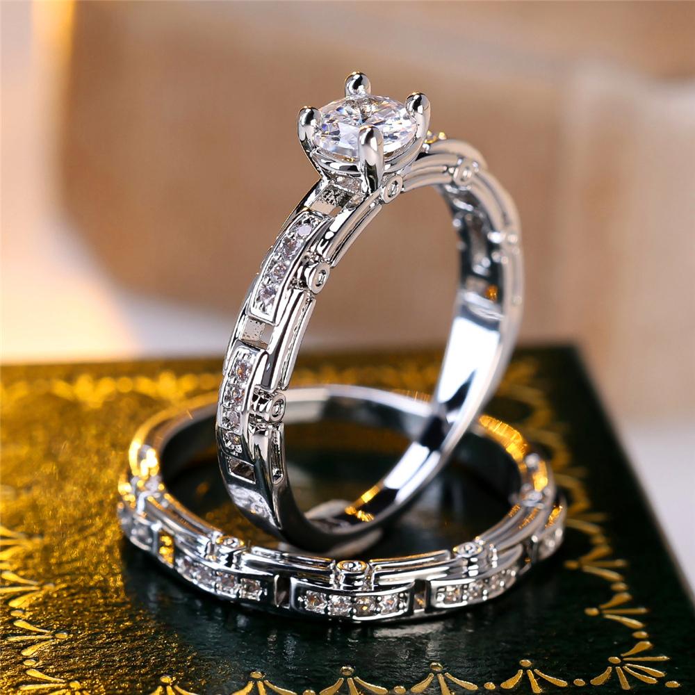 Crystal Female White Zircon Stone Ring Set Fashion Vintage Silver Color Bridal Wedding Engagement Jewelry For Women
