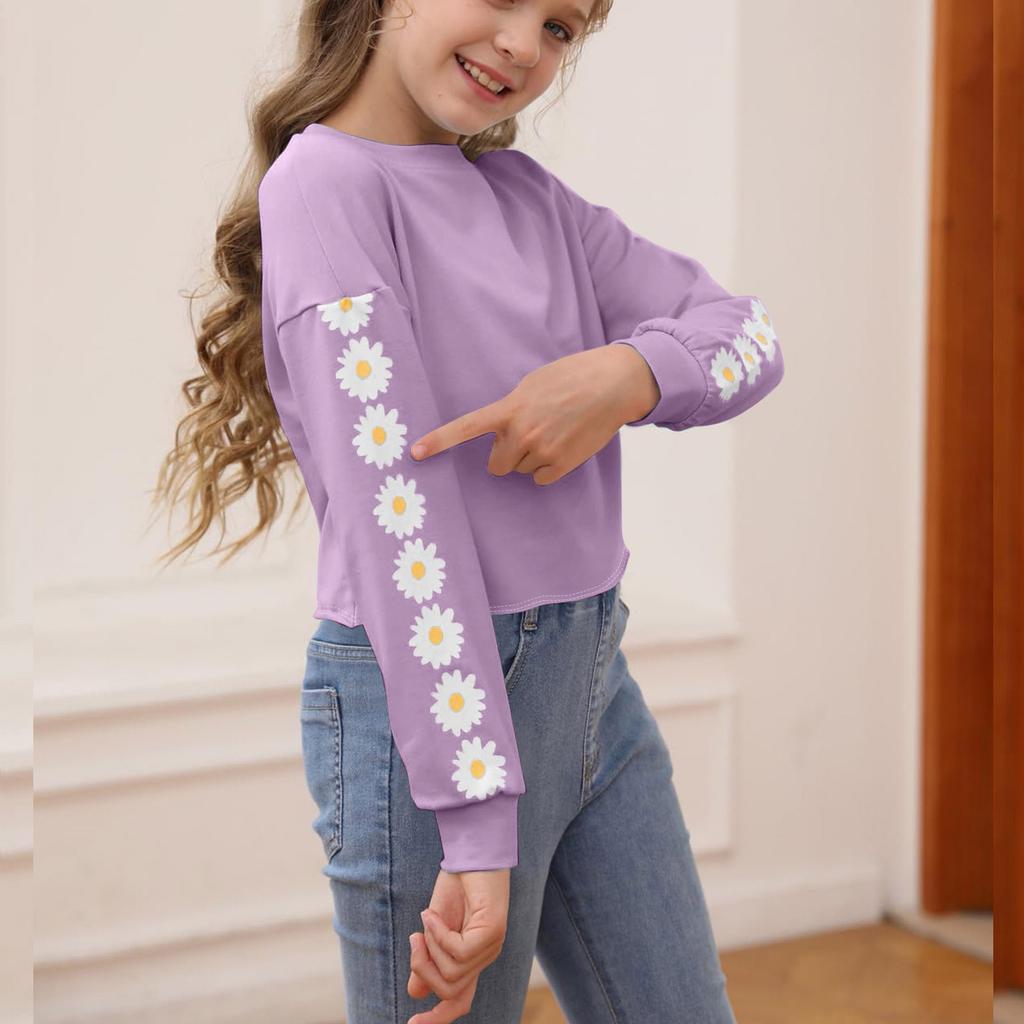 Детские укороченные топы, футболки с длинным рукавом для девочек, милые принтованные модные толстовки, пуловеры