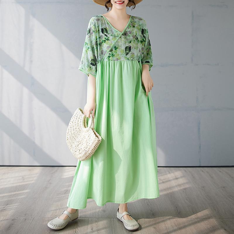 DIMANAF 2025 Лето Женское Новое Платье Большого Размера Комбинированное Базовое Повседневное Свободное Длинное Винтажное Платье Макси с V-образным вырезом и Плиссировкой