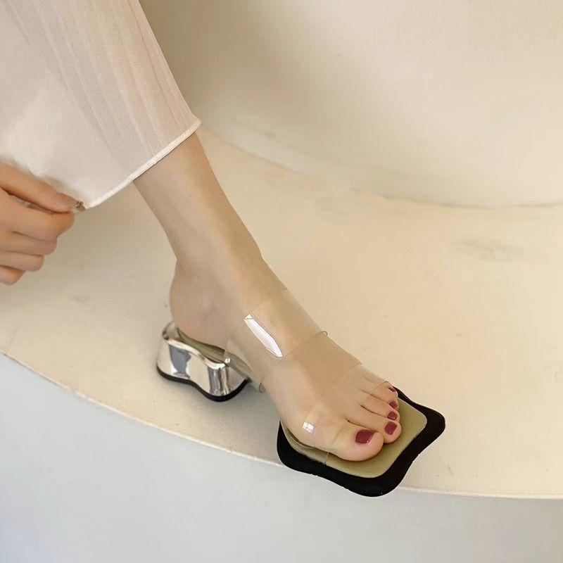 Premium sense niche sexy crystal thick heel 2025 spring and summer new high heels fairy transparent cool slippers outer wear