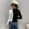 Half High Collar Irregular Spring New Women's Spliced Color Blocked Pleated Fungus Lace Slim Long Sleeved T-shirt Tops