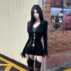 European and American Spice Girls V-neck Hollow Long-sleeve T-shirt 2024 Autumn New Lace Splicing Slimming Sexy Top Trend