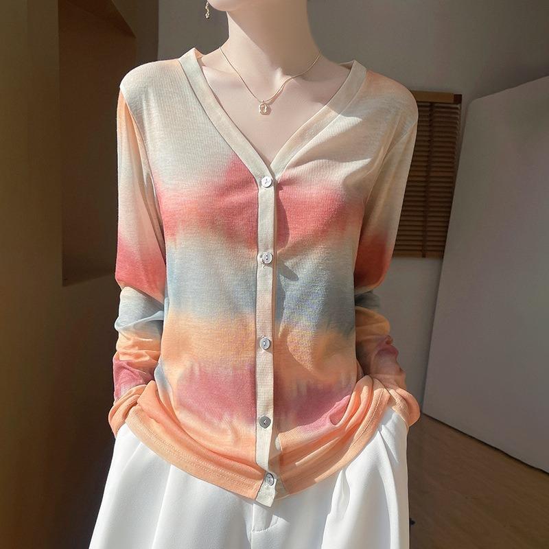 Женская рубашка Literary Ink Halo Dye Knit Shirt с V-образным вырезом, камвольно-тенсельным хлопком, солнцезащитным кремом, с длинными рукавами, на весну и лето