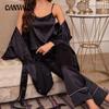 Simple Women's Pajamas Four Seasons Home Wear Lace-up Robe Trousers Suspenders Three-piece Set