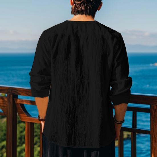 Мужская повседневная рубашка со шнуровкой и V-образным вырезом, свободный крой, длинные рукава, винтажная этническая рубашка в стиле бохо, весна-осень, дышащая хлопковая мужская толстовка, топ