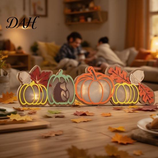 Holiday Window Sill Ornaments Fall Thanksgiving LED Tabletop Decor, Maple Leaf Harvest Themed Lighted Wooden Farmhouse Style Accents Centerpiece,