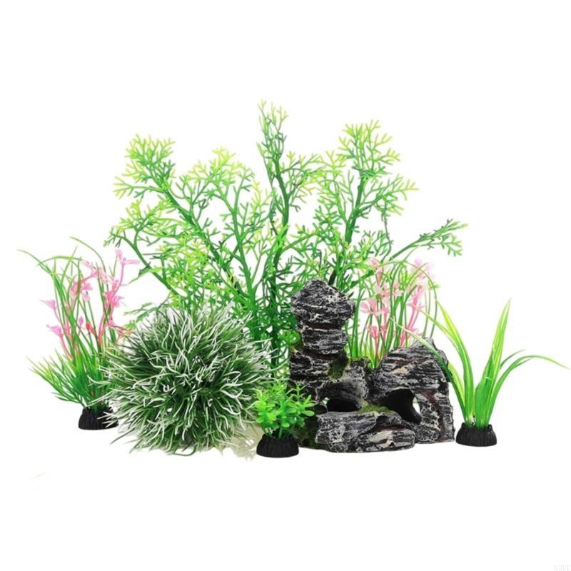 Fishtanks Scene Decoration with 7Pieces Artificial Fishtanks Plastic Plant and Cave Rock Aquariums Landscaping Coral Grass X3UC