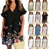 Женское повседневное модное платье с винтажным цветочным принтом и коротким рукавом и V-образным вырезом