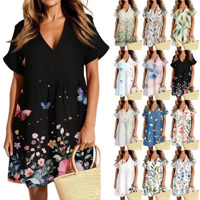 Женское повседневное модное платье с винтажным цветочным принтом и коротким рукавом и V-образным вырезом